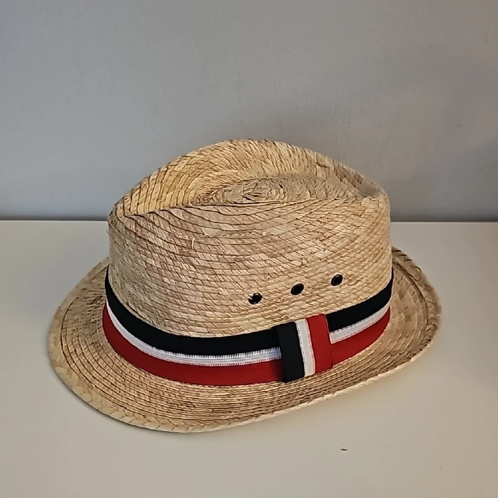 Stylish Straw Fedora with Red White and Blue Band